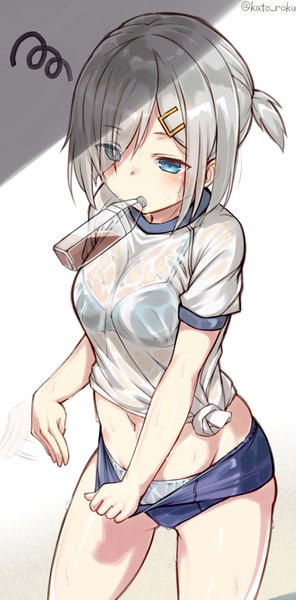 Anime picture 1800x3650 with kantai collection hamakaze destroyer katoroku single tall image blush highres short hair blue eyes light erotic holding signed grey hair alternate costume twitter username mouth hold looking down alternate hairstyle wet clothes scribble