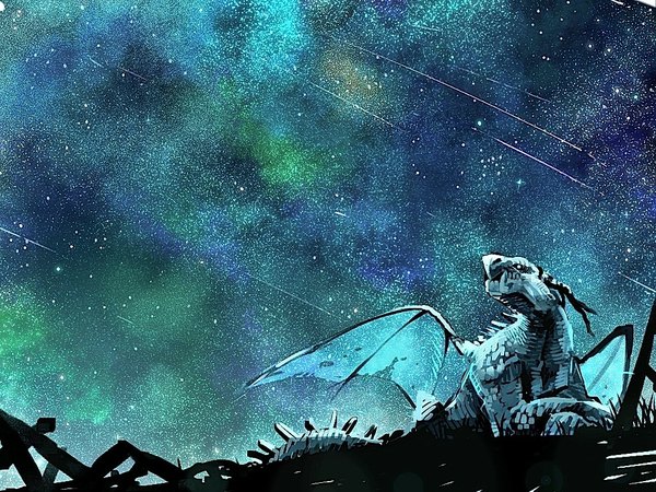Anime picture 1024x768 with original sabanoneko (artist) single horn (horns) night night sky looking up no people meteor rain wings star (stars) dragon