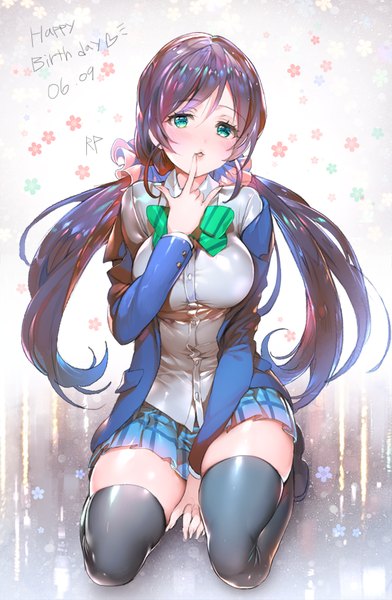 Anime picture 550x840 with love live! school idol project sunrise (studio) love live! toujou nozomi repi987 single long hair tall image looking at viewer blush sitting green eyes signed purple hair open clothes open jacket zettai ryouiki finger to mouth girl thighhighs