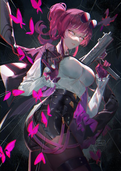 Anime picture 1768x2500 with honkai: star rail honkai (series) kafka (honkai: star rail) shei99 single long hair tall image looking at viewer fringe highres purple eyes signed purple hair ponytail sunglasses on head clothes on shoulders girl gloves weapon pantyhose