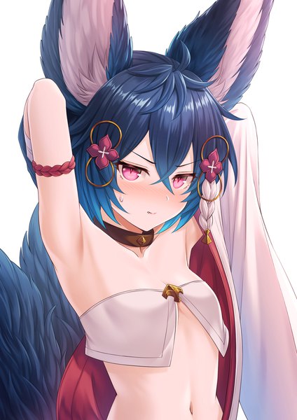 Anime picture 1600x2264 with granblue fantasy you (granblue fantasy) tomo (tmtm mf mf) single tall image blush fringe short hair light erotic simple background hair between eyes white background bare shoulders animal ears blue hair cleavage upper body ahoge tail braid (braids)
