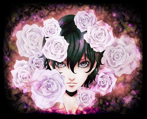 Anime picture 1024x829 with prince of tennis mizuki hajime korn (artist) short hair black hair purple eyes boy flower (flowers) rose (roses) white rose