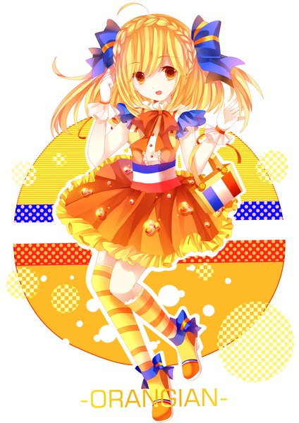 Anime picture 2480x3507 with original orangina moseley single tall image looking at viewer highres short hair open mouth blonde hair orange eyes flag print girl thighhighs dress ribbon (ribbons) bow hair bow hair ribbon socks