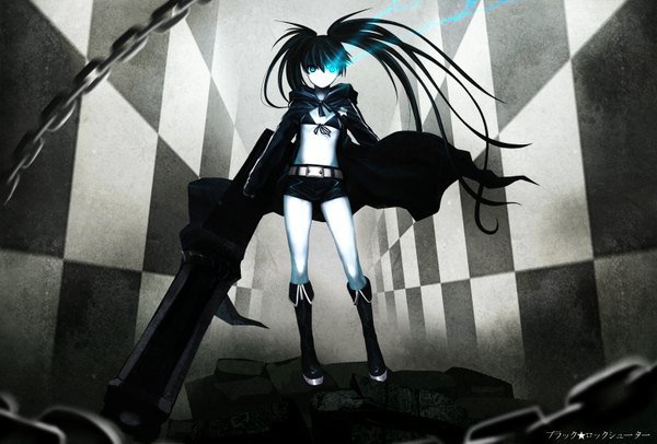 Anime picture 1556x1055 with black rock shooter black rock shooter (character) blight essence single long hair looking at viewer black hair twintails aqua eyes glowing glowing eye (eyes) pale skin checkered background uneven twintails girl weapon shorts knee boots coat