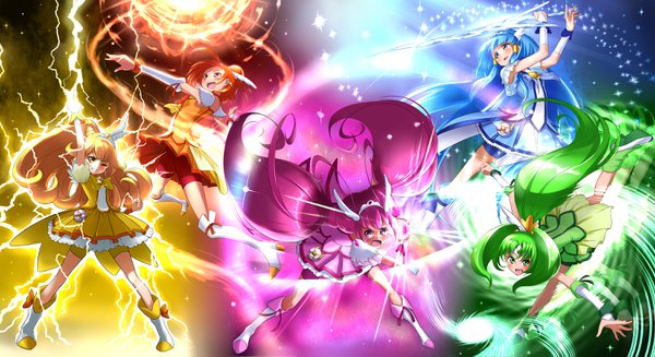 イラスト 3000x1636 と プリキュア スマイルプリキュア! 東映アニメーション 青木れいか 黄瀬やよい 緑川なお 星空みゆき hino akane (smile precure!) キュアビューティ キュアピース キュアハッピー cure march cure sunny たけび 長髪 highres 開いた口 青い目 金髪 wide image