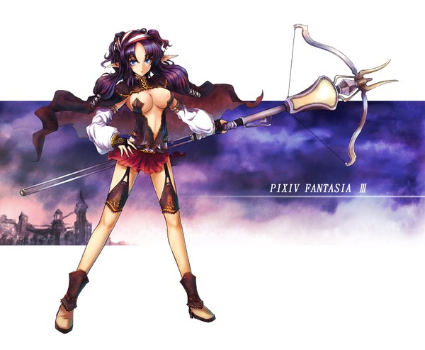 Anime picture 1700x1400 with pixiv fantasia pixiv fantasia iii kara (color) single long hair looking at viewer blue eyes light erotic animal ears purple hair girl weapon detached sleeves miniskirt boots cloak