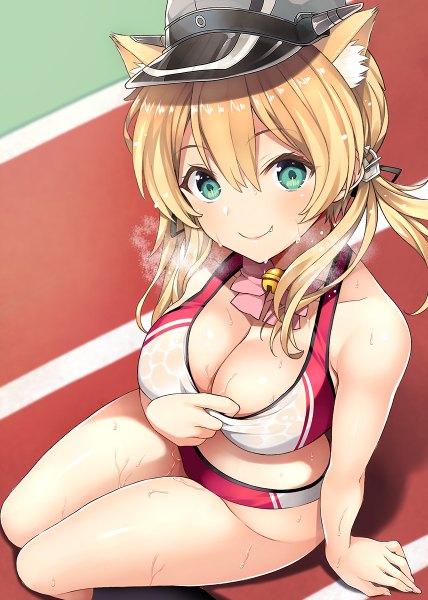 Anime picture 856x1200 with kantai collection prinz eugen (kantai collection) inuzumi masaki single long hair tall image looking at viewer blush fringe breasts light erotic blonde hair hair between eyes large breasts sitting twintails green eyes animal ears from above cat ears