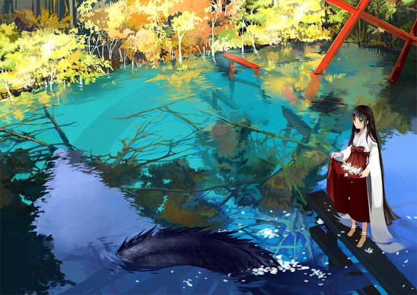 Anime picture 1000x707 with original niso long hair brown hair standing green eyes very long hair japanese clothes barefoot partially submerged ruins girl flower (flowers) plant (plants) petals tree (trees) water forest dragon torii