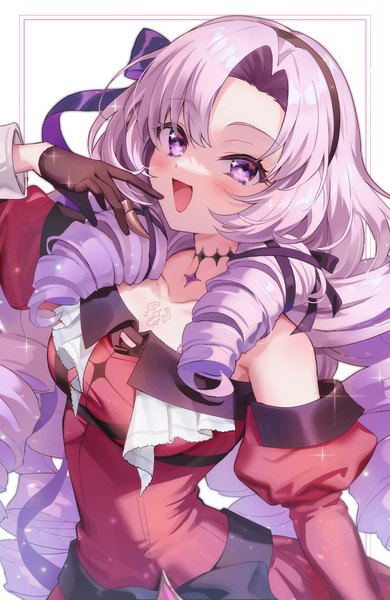 Anime picture 787x1211 with virtual youtuber nijisanji hyakumantenbara salome hyakumantenbara salome (1st costume) sakuro single long hair tall image looking at viewer blush open mouth simple background white background purple eyes purple hair :d sparkle drill hair framed hand to mouth