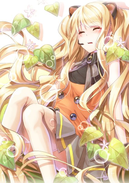 Anime picture 868x1228 with vocaloid seeu sakuragi ren single tall image highres open mouth blonde hair sitting eyes closed very long hair sleeveless girl thighhighs skirt white thighhighs leaf (leaves) microphone headset