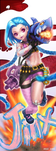 Anime picture 446x1190 with league of legends jinx (league of legends) zodi (artist) single tall image light erotic red eyes blue hair looking away very long hair lips tattoo lipstick pink lipstick girl thighhighs gloves weapon belt fingerless gloves