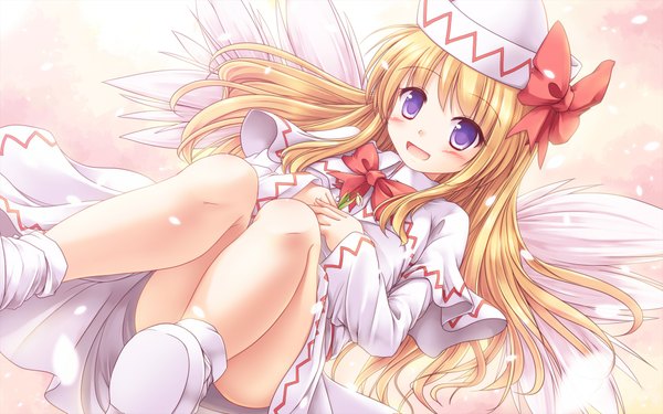 Anime picture 2000x1250 with touhou lily white lzh single long hair blush highres open mouth light erotic blonde hair purple eyes legs convenient leg girl dress bow hat petals wings shoes