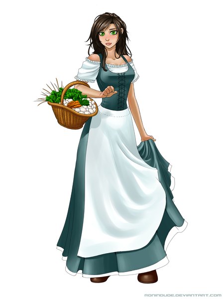 Anime picture 3000x4000 with ronin dude (ray cornwell) single long hair tall image blush highres black hair simple background white background bare shoulders green eyes lips girl dress vegetables basket carrot