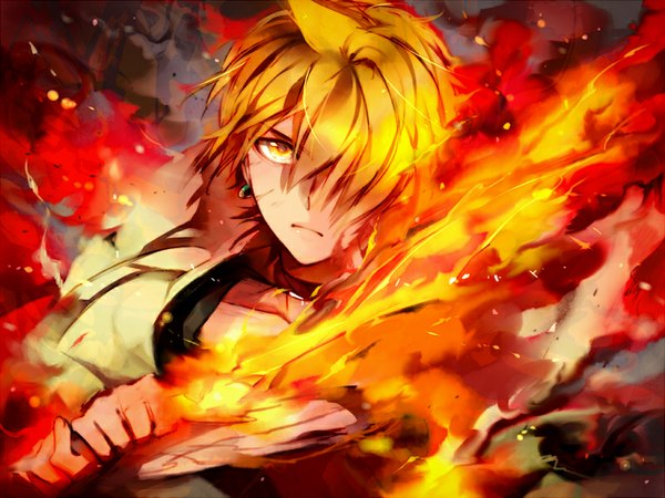 Anime picture 800x600 with magi the labyrinth of magic a-1 pictures ali baba saluja matsunaka hiro single looking at viewer fringe short hair blonde hair yellow eyes ahoge hair over one eye boy weapon earrings sword fire flame