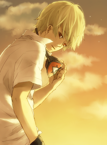 Anime picture 1024x1376 with gintama sunrise (studio) okita sougo pood1e single tall image short hair blonde hair red eyes sky cloud (clouds) looking back evening sunset hand in pocket boy star (stars) sleep mask