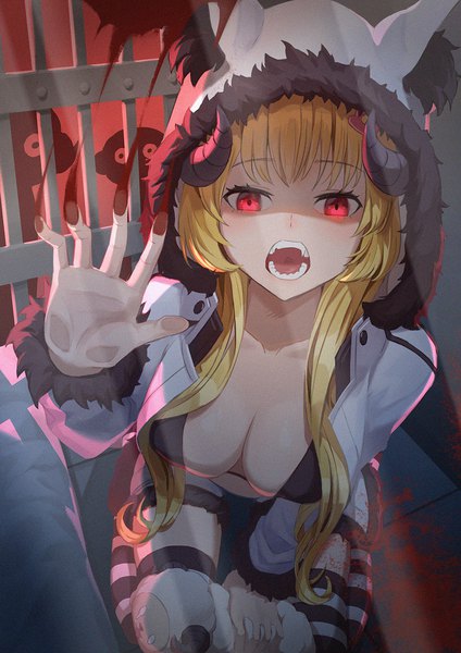 Anime picture 1060x1500 with virtual youtuber hololive tsunomaki watame icewind0223 single long hair tall image looking at viewer breasts open mouth light erotic blonde hair red eyes large breasts sitting arm up horn (horns) from above teeth fur trim