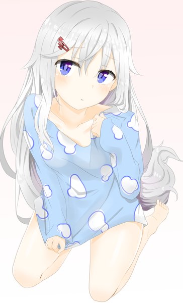 Anime picture 1284x2118 with original hashiko no woto single long hair tall image looking at viewer blush fringe open mouth simple background smile hair between eyes white background sitting purple eyes silver hair full body bent knee (knees) barefoot from above