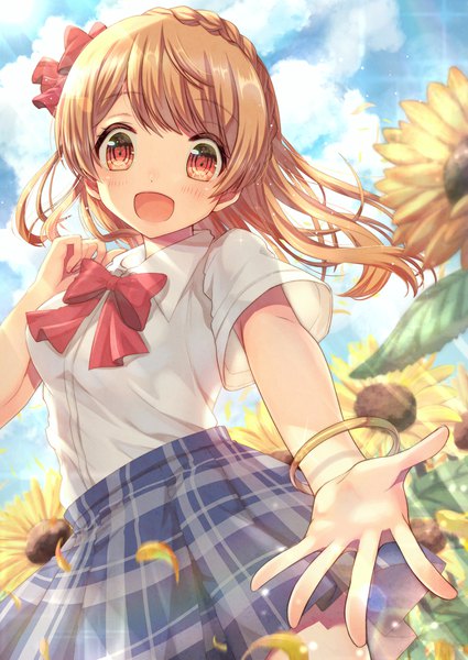 Anime picture 851x1200 with d4dj aimoto rinku daken-chan single long hair tall image looking at viewer open mouth blonde hair red eyes sky cloud (clouds) braid (braids) :d from below outstretched hand crown braid girl uniform flower (flowers)