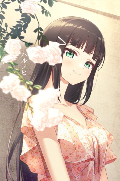 Anime picture 939x1419 with love live! sunshine!! sunrise (studio) love live! kurosawa dia deadnooodles single long hair tall image looking at viewer blush fringe smile brown hair green eyes payot upper body blunt bangs mole short sleeves floral print
