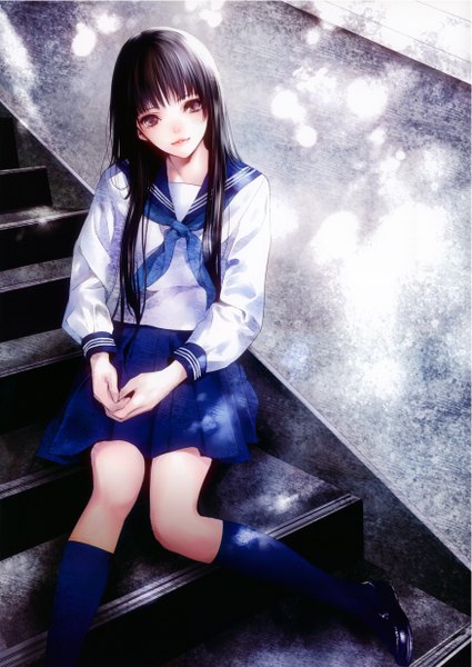 Anime picture 1752x2472 with original kiyohara hiro single long hair tall image looking at viewer blush highres open mouth black hair smile sitting brown eyes pleated skirt sunlight girl thighhighs skirt uniform school uniform