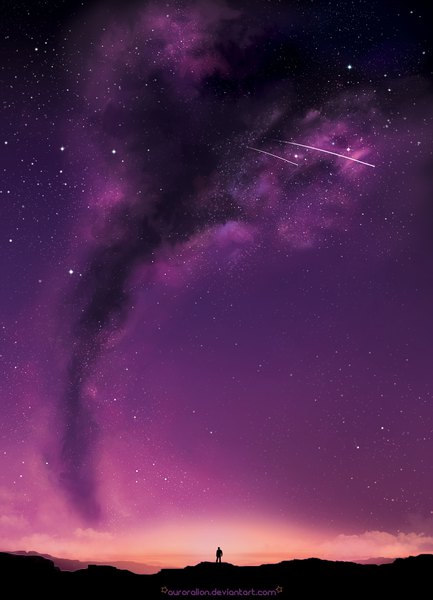 Anime picture 614x851 with black rock shooter original auroralion single tall image standing sky cloud (clouds) outdoors night horizon landscape scenic shooting star star (stars)