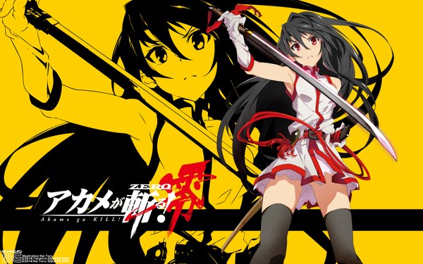 Anime picture 1920x1200 with akame ga kill! white fox akame (akame ga kill!) single long hair looking at viewer highres black hair hair between eyes red eyes bare shoulders girl thighhighs gloves weapon black thighhighs sword white gloves katana