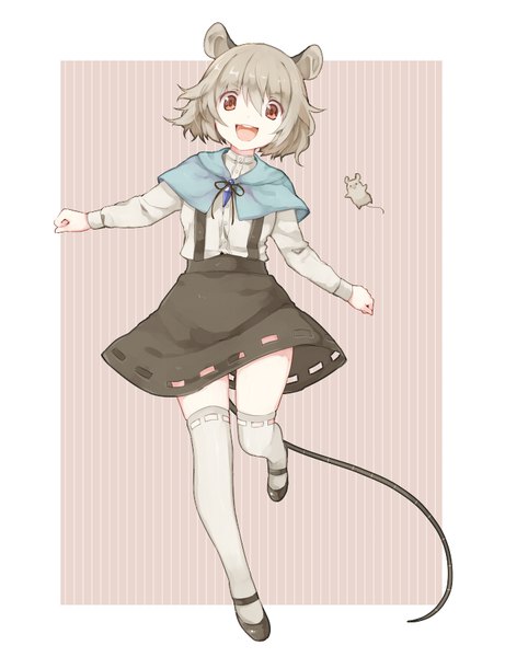 Anime picture 700x910 with touhou nazrin akagashi hagane single tall image looking at viewer fringe short hair open mouth hair between eyes red eyes animal ears full body bent knee (knees) tail animal tail grey hair zettai ryouiki mouse ears mouse tail
