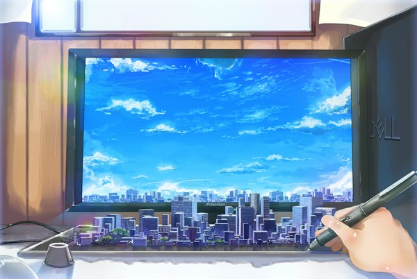 Anime picture 1067x715 with original ryouma (galley) sky cloud (clouds) city cityscape drawing hands pen monitor computer