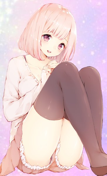 Anime picture 952x1563 with original manatsuki manata single tall image looking at viewer blush fringe short hair open mouth light erotic smile sitting purple eyes pink hair cleavage bent knee (knees) head tilt :d thighs sleeves past wrists