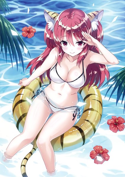 Anime picture 1960x2775 with comic toranoana mutsumi masato single long hair tall image looking at viewer blush fringe highres breasts light erotic smile hair between eyes red eyes large breasts sitting bare shoulders animal ears payot cleavage