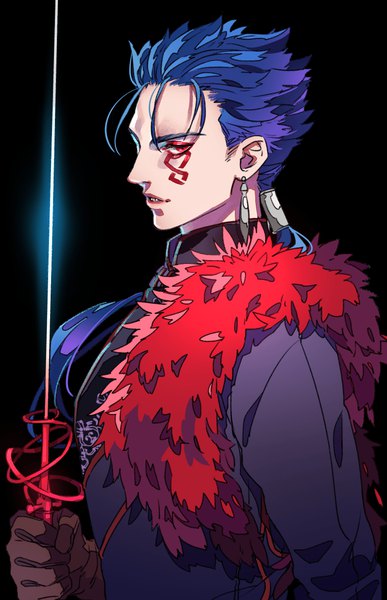 Anime picture 796x1232 with fate (series) fate/grand order cu chulainn (fate) cu chulainn alter (fate/grand order) tenobe single long hair tall image looking at viewer simple background red eyes blue hair parted lips tattoo black background portrait low ponytail boy weapon earrings