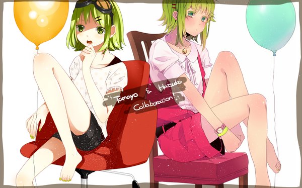 Anime picture 1954x1218 with vocaloid gumi hatsuko tamayo (artist) highres open mouth wide image sitting multiple girls green eyes nail polish aqua eyes green hair framed girl 2 girls shorts sunglasses clock balloon