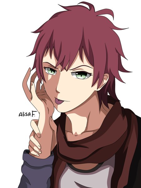Anime picture 1536x2048 with diabolik lovers idea factory sakamaki ayato aisa.f tall image looking at viewer simple background white background green eyes red hair vector vampire boy tongue scarf hand