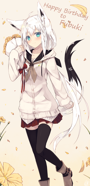 Anime picture 770x1587 with virtual youtuber hololive shirakami fubuki nagishiro mito single long hair tall image looking at viewer blush fringe simple background smile hair between eyes standing holding animal ears payot ahoge white hair tail