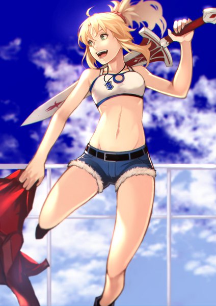 Anime picture 1060x1500 with fate (series) fate/grand order mordred (fate) yoshio (55level) single long hair tall image open mouth blonde hair green eyes looking away sky cloud (clouds) outdoors ponytail midriff leg lift (legs lift) weapon over shoulder girl weapon