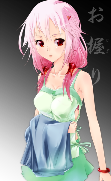 Anime picture 1073x1737 with guilty crown production i.g yuzuriha inori initial f single long hair tall image red eyes twintails bare shoulders pink hair inscription low twintails girl hair ornament bracelet hairclip sundress hair tubes