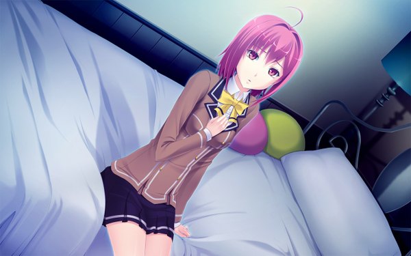 Anime picture 1280x800 with yamiyo ni odore sekitsu ayaka tel-o short hair red eyes wide image game cg ahoge red hair girl serafuku bed