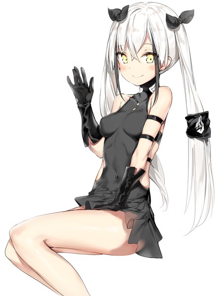 Anime picture 900x1200 with girls frontline destroyer (girls frontline) silver (chenwen) single long hair tall image looking at viewer blush fringe breasts light erotic black hair simple background smile hair between eyes white background sitting twintails bare shoulders yellow eyes