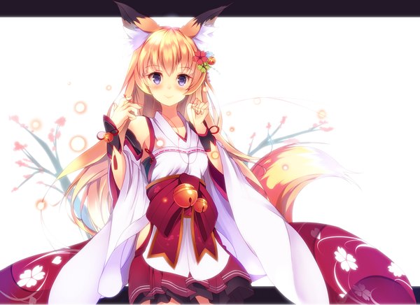 Anime picture 1824x1328 with original mikususannda single long hair looking at viewer blush highres blue eyes blonde hair smile animal ears tail traditional clothes animal tail hair flower fox ears fox tail miko girl skirt