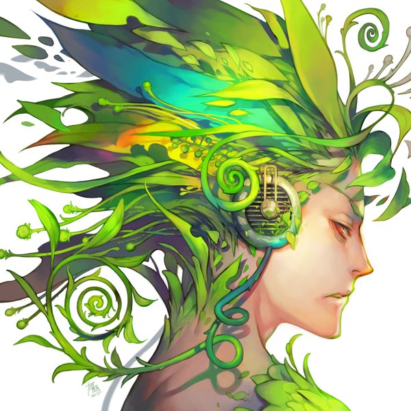 Anime picture 2000x2000 with original yilee single highres red eyes green hair boy plant (plants) headphones