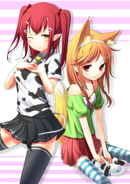 Anime picture 724x1024 with original tanakahazime (artist) long hair tall image blush red eyes multiple girls brown eyes animal ears red hair tail animal tail pointy ears orange hair girl thighhighs dress black thighhighs 2 girls striped thighhighs