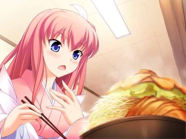 Anime picture 1200x900 with lovekami fujimiya sakuya yashima takahiro long hair open mouth blue eyes pink hair game cg girl food noodles ramen