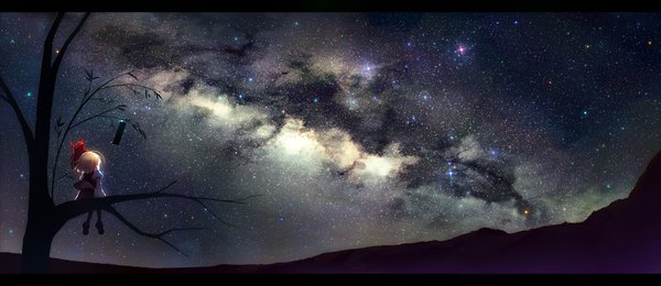Anime picture 1864x810 with touhou rumia isami-san single highres short hair blonde hair wide image sitting sky ahoge from behind night night sky back letterboxed mountain bare tree milky way girl