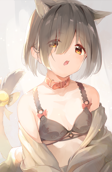 Anime picture 2232x3416 with original maeshimashi single tall image looking at viewer blush fringe highres short hair breasts open mouth light erotic brown hair standing animal ears upper body tail head tilt animal tail sunlight