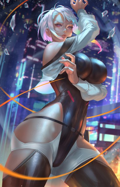 Anime picture 3300x5100 with cyberpunk edgerunners studio trigger lucy (cyberpunk) nopeys single tall image looking at viewer fringe highres short hair breasts light erotic large breasts standing absurdres outdoors white hair long sleeves pink eyes multicolored hair