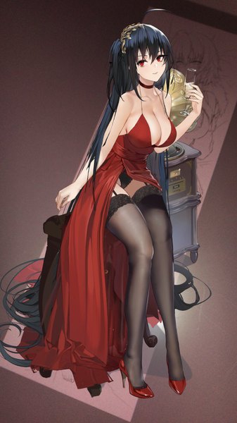 Anime picture 750x1334 with azur lane taihou (azur lane) taihou (forbidden feast) (azur lane) marisasu (marisa0904) single tall image looking at viewer blush fringe breasts light erotic black hair hair between eyes red eyes large breasts sitting payot cleavage full body ahoge