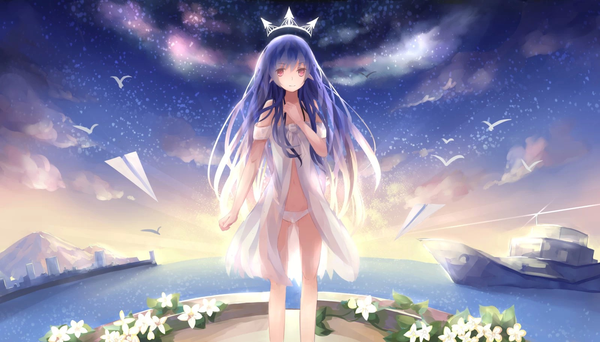 Anime picture 1600x914 with original .l.l single long hair looking at viewer light erotic red eyes wide image blue hair pointy ears horizon landscape scenic girl dress navel underwear panties flower (flowers) animal