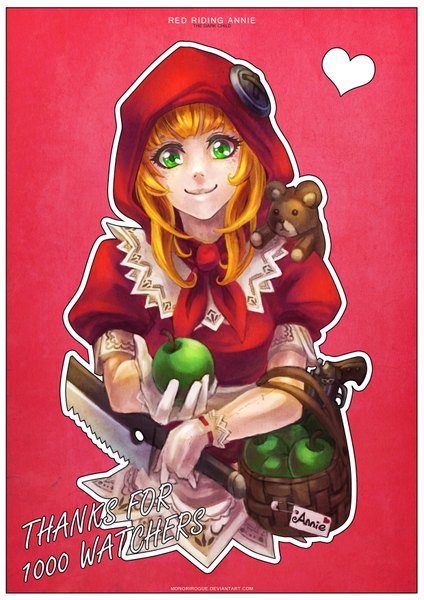 Anime picture 2480x3508 with league of legends annie (league of legends) tibbers (league of legends) monori rogue long hair tall image highres blonde hair simple background smile holding green eyes red background dress gloves hood toy stuffed animal fruit hoodie