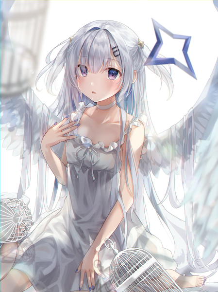 Anime picture 2640x3528 with virtual youtuber hololive amane kanata fuyoyo single tall image looking at viewer blush fringe highres purple eyes silver hair very long hair nail polish two side up angel wings white wings girl dress wings