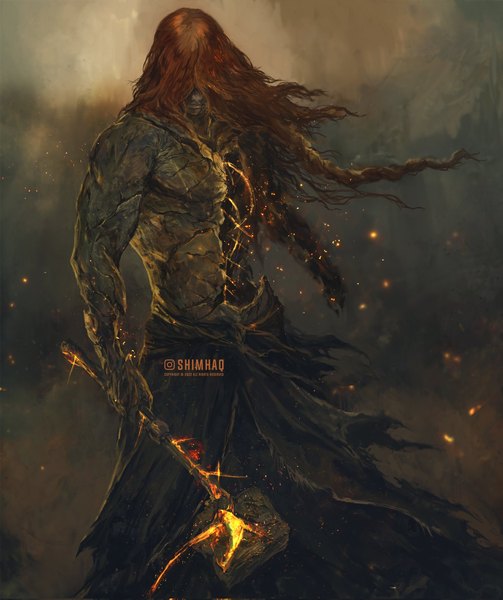 Anime picture 1717x2048 with elden ring radagon of the golden order shimhaq single long hair tall image highres standing holding signed red hair topless hair over eyes spoilers boy weapon sparks hammer